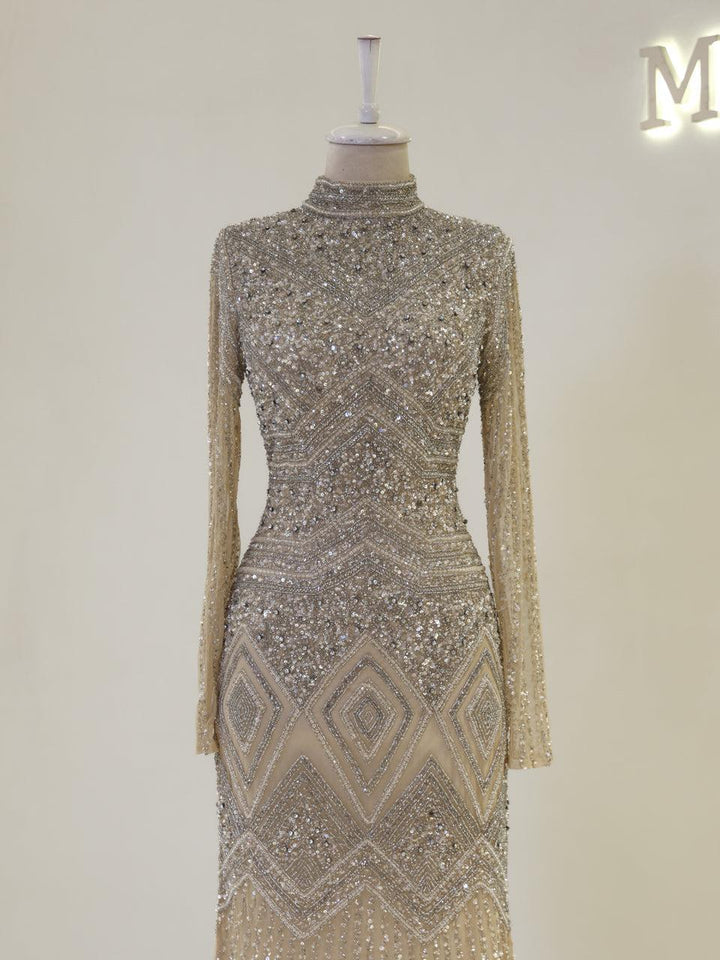 peace love silver high neck long sleeve beaded mini dress Long Sleeve Beaded Mini Dress main image 1