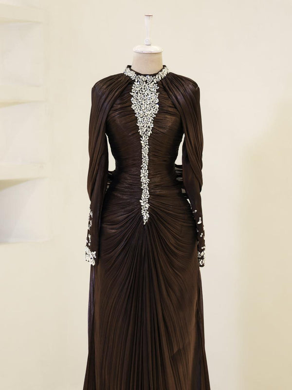 hijab evening dresses online Lavender Satin evening gowns with High Neck and Long Sleeves - Elegant Hijab Gown for Formal Events, Proms, and Special Occasions