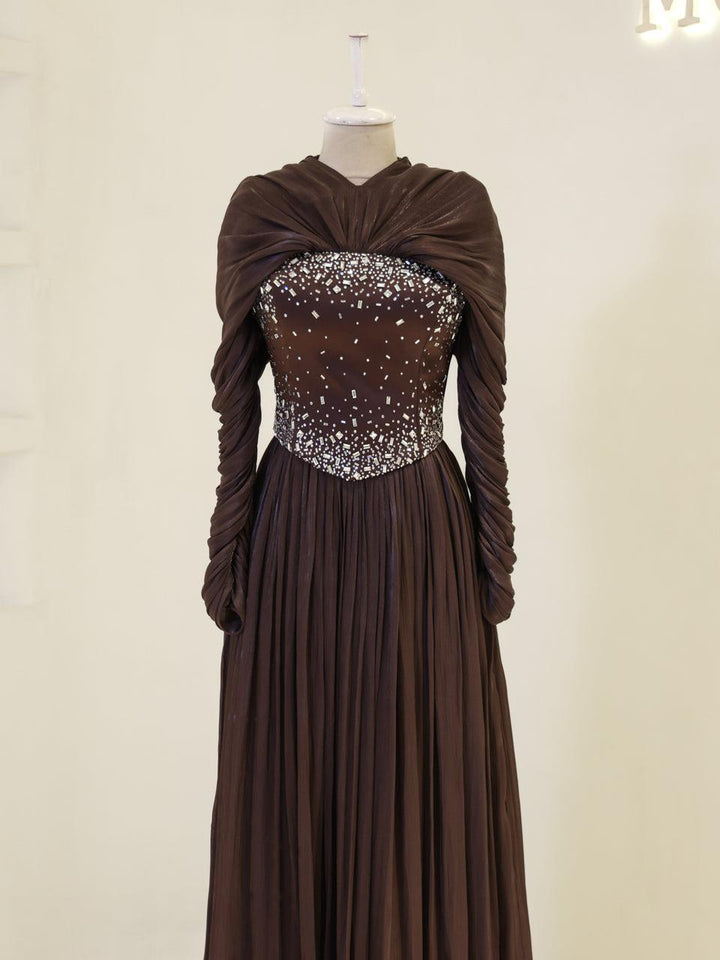 tesettur evening dress Sahar Islamic Evening Dress Brown / 38