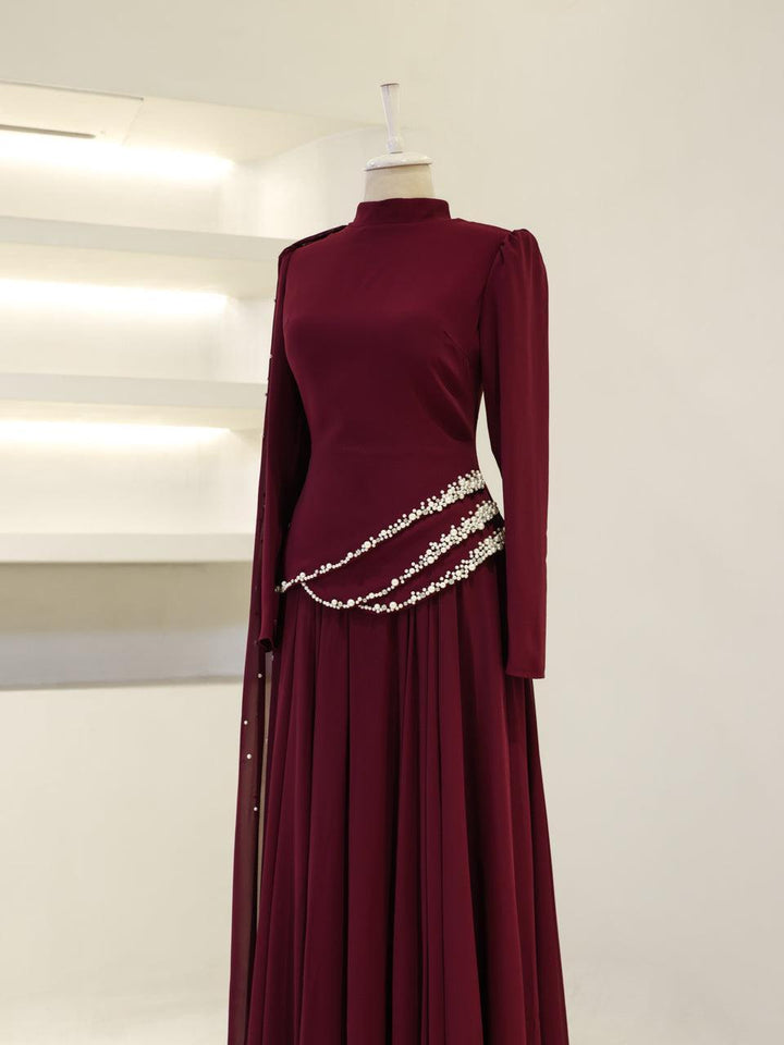 evening muslim dress Evangeline Islamic Bordeaux Red / 40 Color:CORAL PALM BEACH floral organza dress Yes Dresses Length Blue Metallic Strapless A-Line